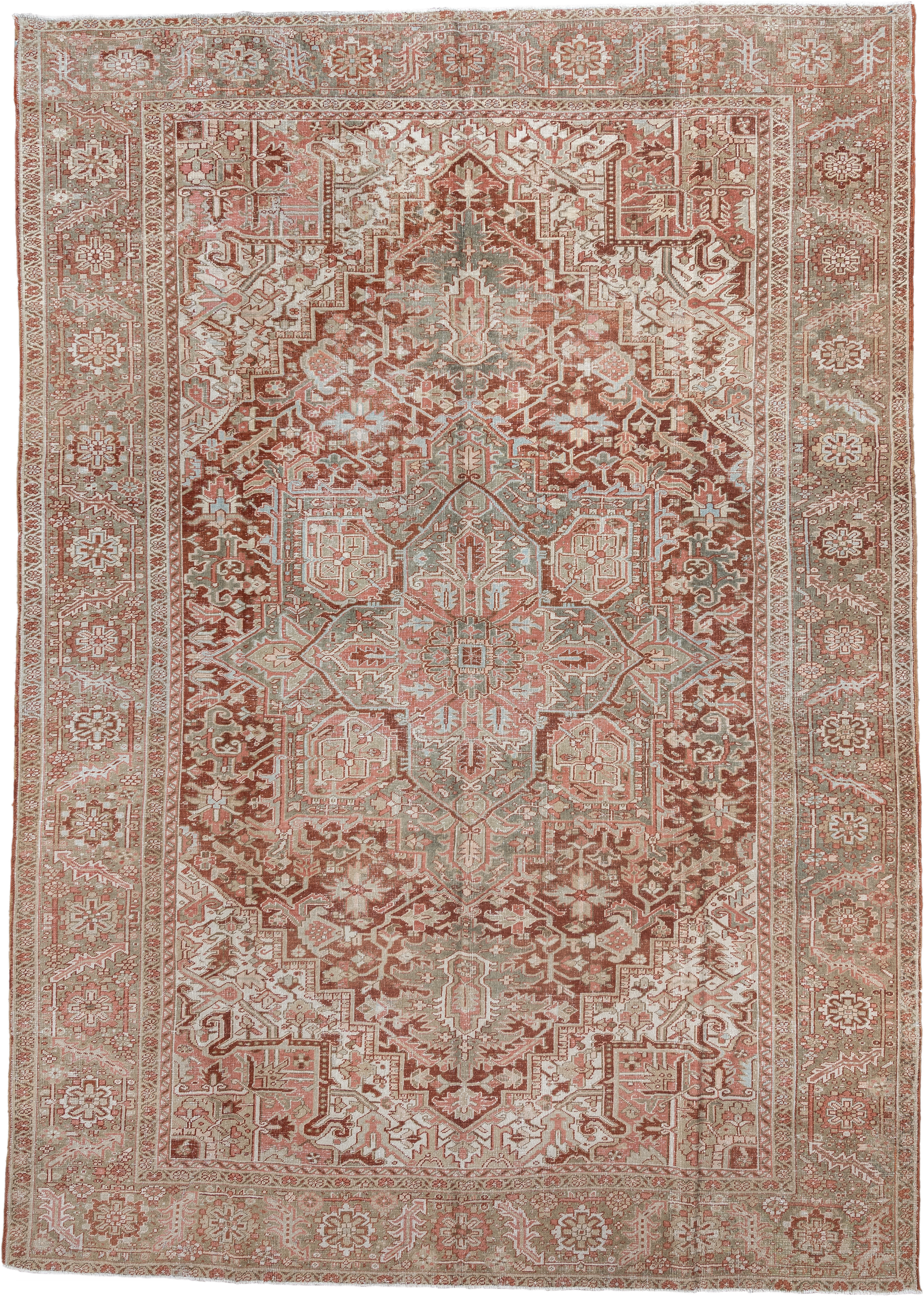 9' x 13' one-of-a-kind handmade vintage Heriz large size rug. Color palette: rust, sage, ivory, taupe, rose, brown