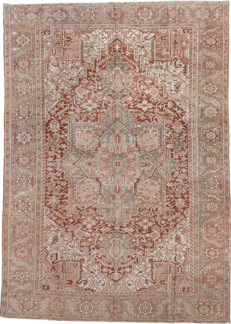 9' x 13' one-of-a-kind handmade vintage Heriz large size rug. Color palette: brown, gray, light gray, off-white, pink, red