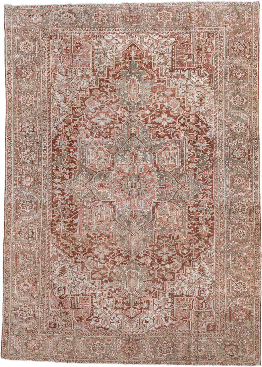 9' x 13' one-of-a-kind handmade vintage Heriz large size rug. Color palette: rust, sage, ivory, taupe, rose, brown