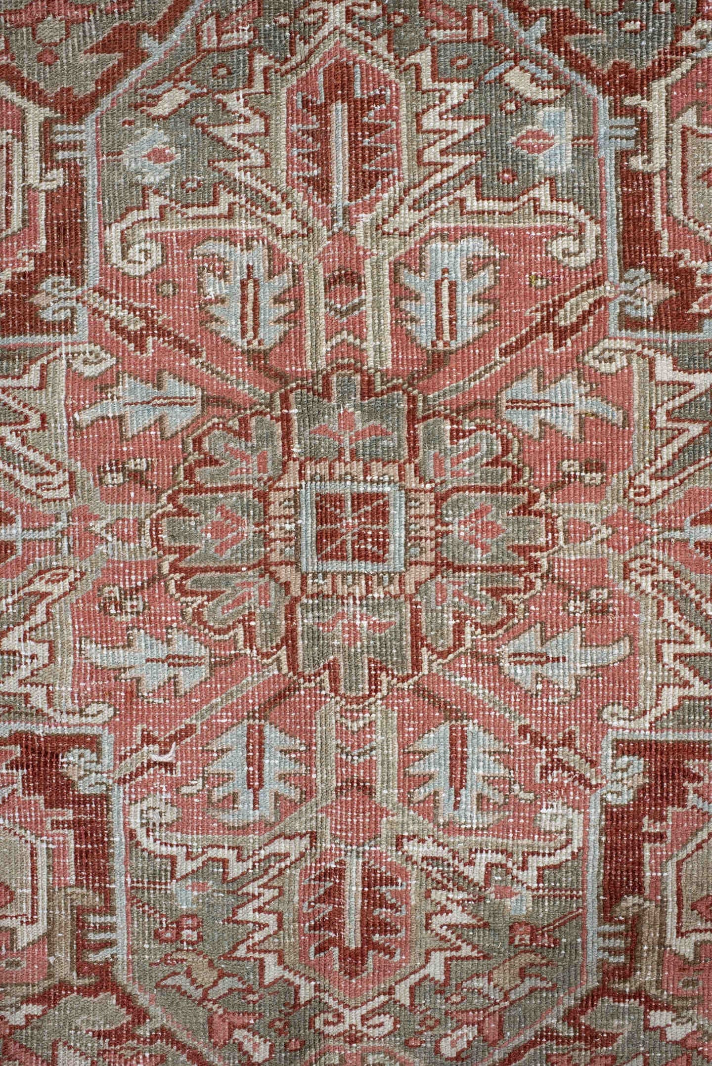 9' x 13' one-of-a-kind handmade vintage Heriz large size rug. Color palette: rust, sage, ivory, taupe, rose, brown