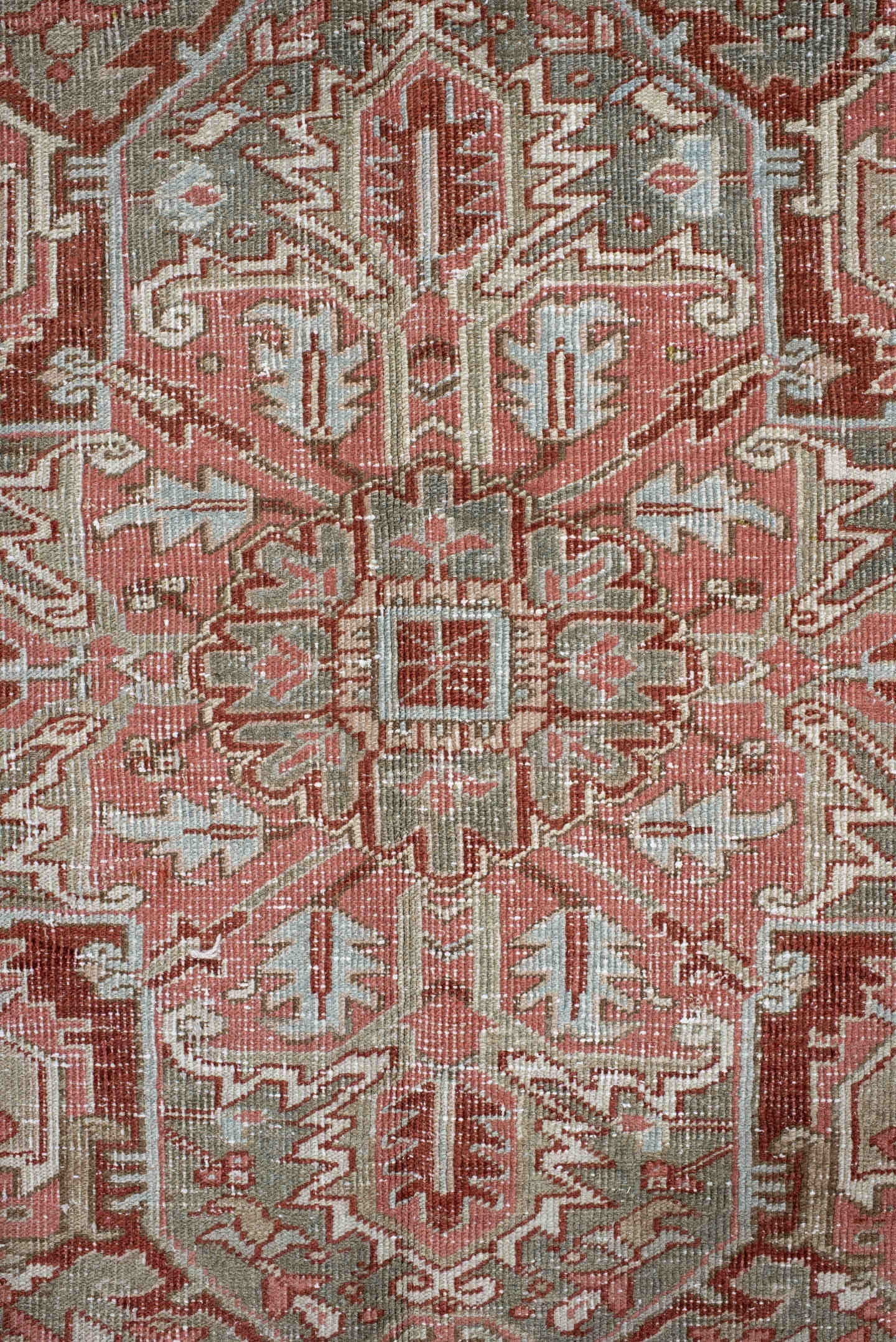 9' x 13' one-of-a-kind handmade vintage Heriz large size rug. Color palette: rust, sage, ivory, taupe, rose, brown