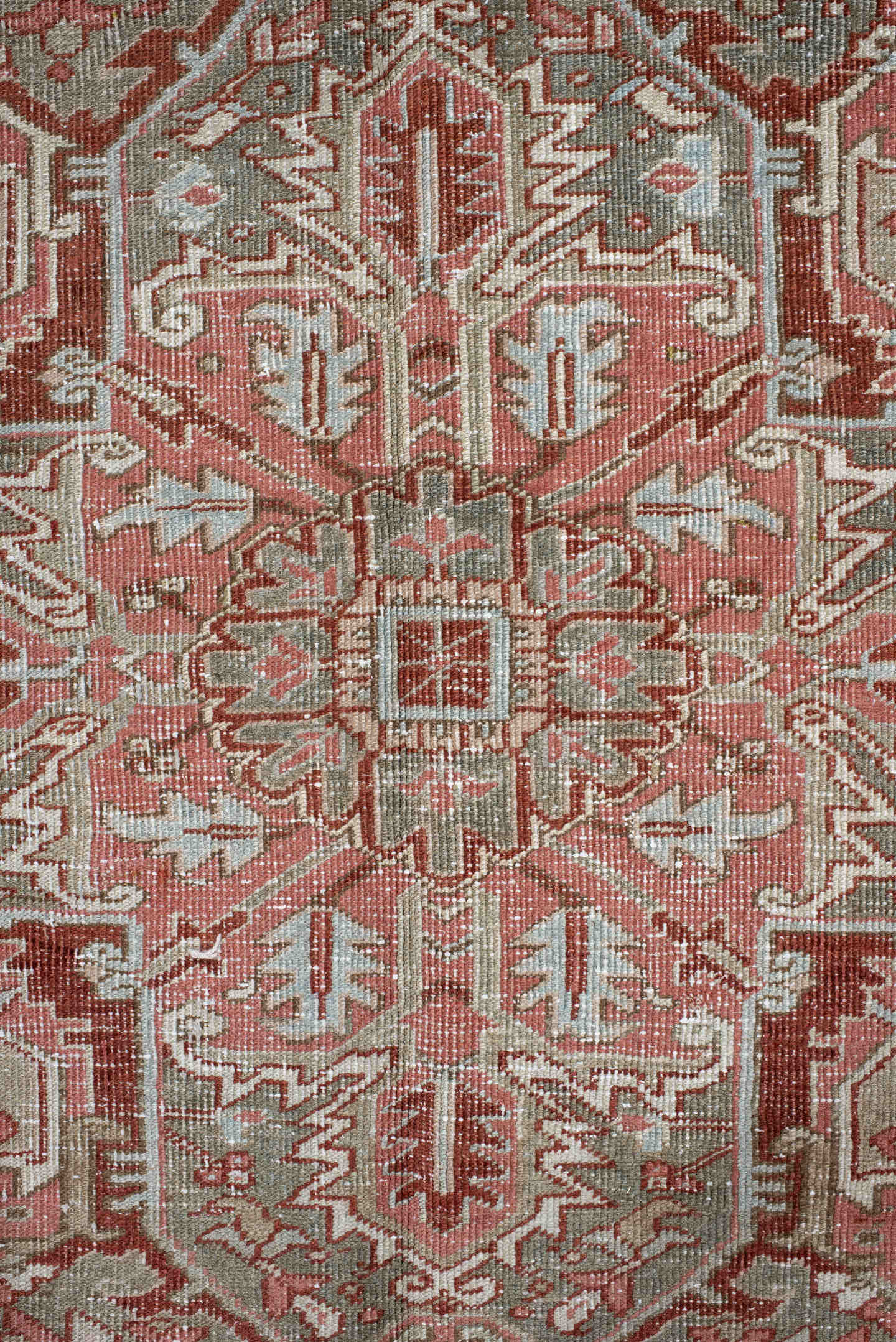 9' x 13' one-of-a-kind handmade vintage Heriz large size rug. Color palette: rust, sage, ivory, taupe, rose, brown