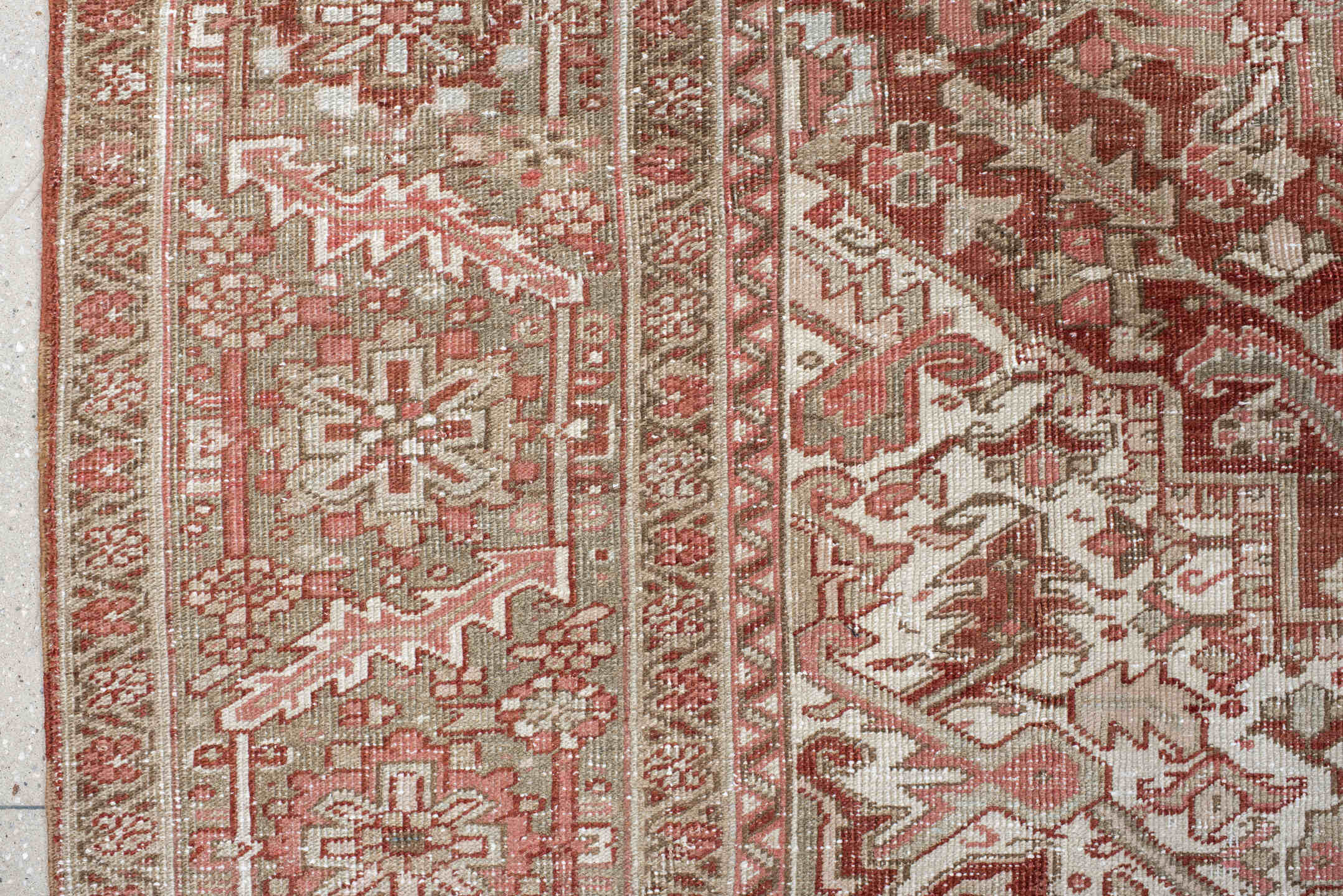 9' x 13' one-of-a-kind handmade vintage Heriz large size rug. Color palette: rust, sage, ivory, taupe, rose, brown