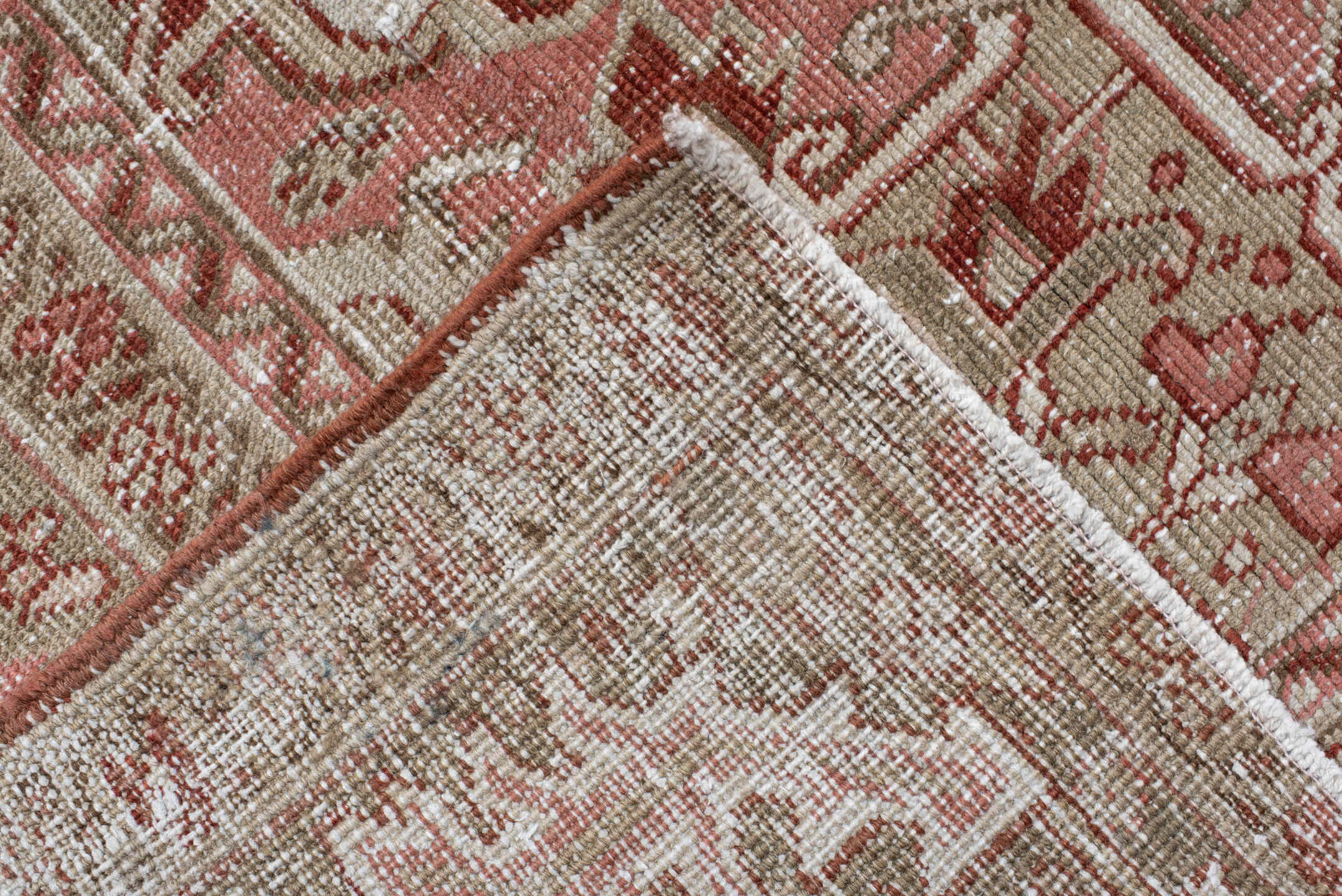 9' x 13' one-of-a-kind handmade vintage Heriz large size rug. Color palette: rust, sage, ivory, taupe, rose, brown