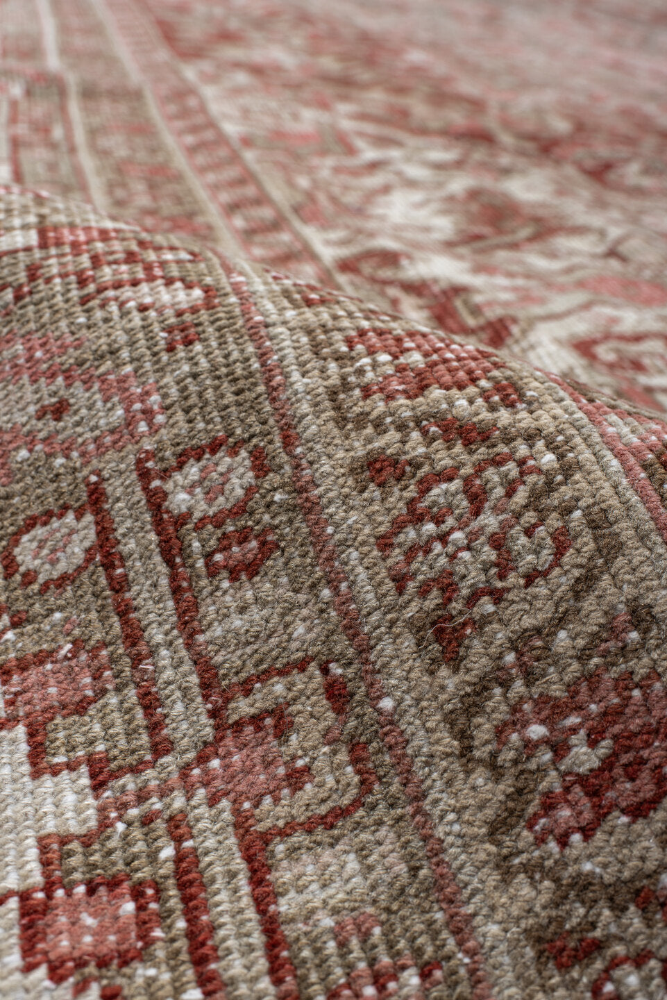 9' x 13' one-of-a-kind handmade vintage Heriz large size rug. Color palette: rust, sage, ivory, taupe, rose, brown