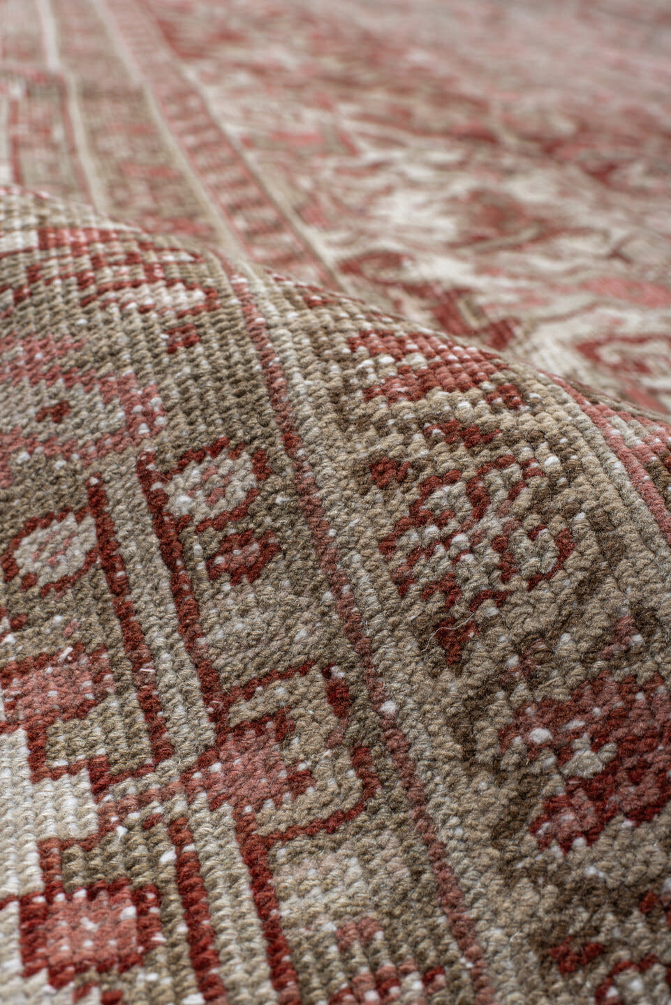 9' x 13' one-of-a-kind handmade vintage Heriz large size rug. Color palette: rust, sage, ivory, taupe, rose, brown