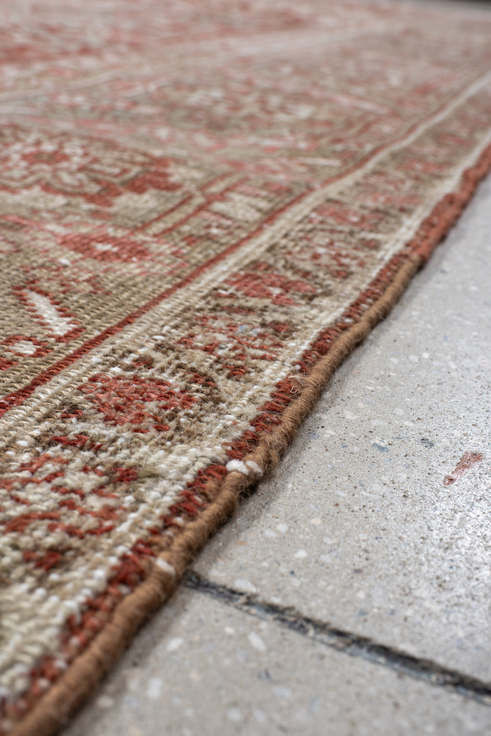 9' x 13' one-of-a-kind handmade vintage Heriz large size rug. Color palette: rust, sage, ivory, taupe, rose, brown