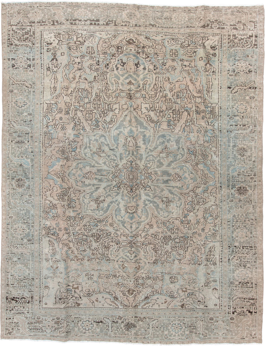 10' x 13' one-of-a-kind handmade antique Heriz large size rug. Color palette: ivory, pale blue, taupe, beige, charcoal