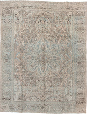 10' x 13' one-of-a-kind handmade antique Heriz large size rug. Color palette: ivory, pale blue, taupe, beige, charcoal