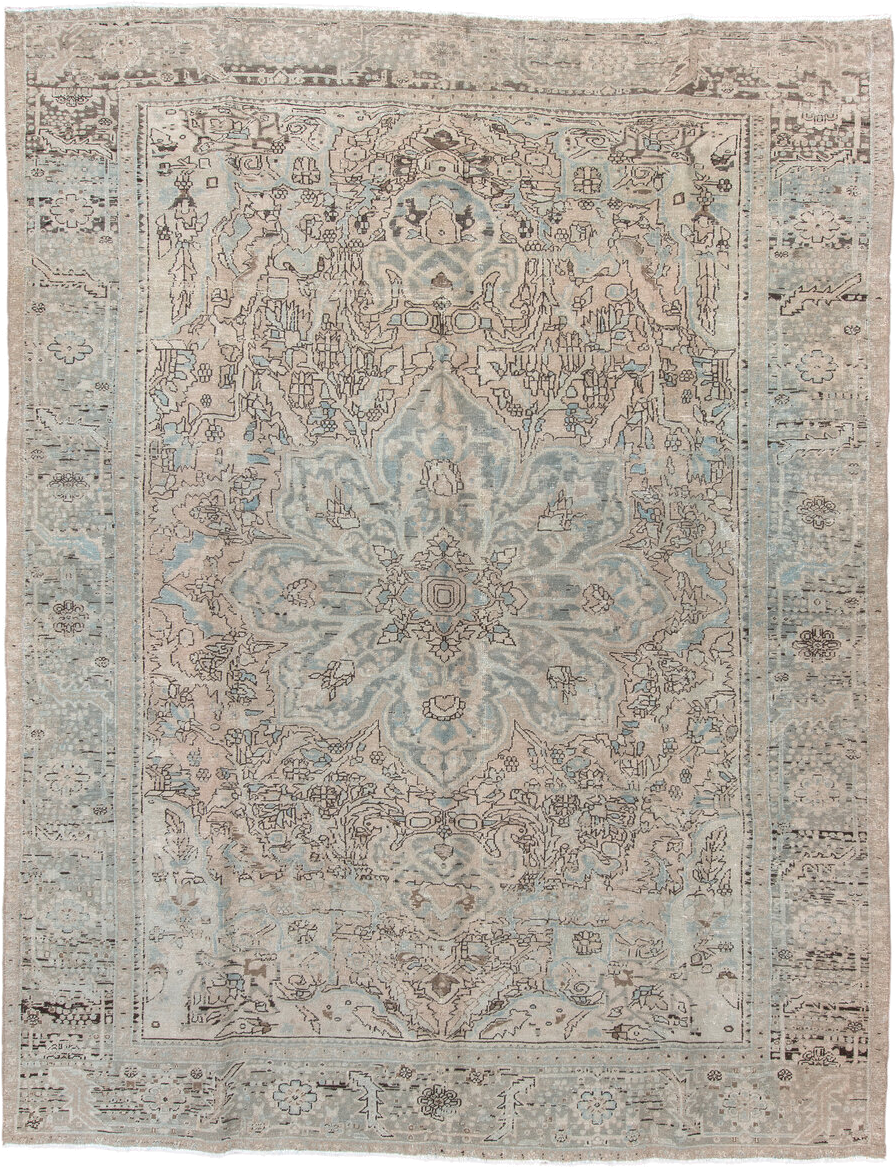 10' x 13' one-of-a-kind handmade antique Heriz large size rug. Color palette: ivory, pale blue, taupe, beige, charcoal