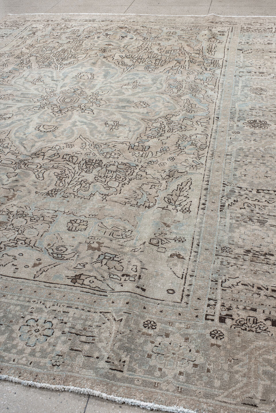 10' x 13' one-of-a-kind handmade antique Heriz large size rug. Color palette: ivory, pale blue, taupe, beige, charcoal