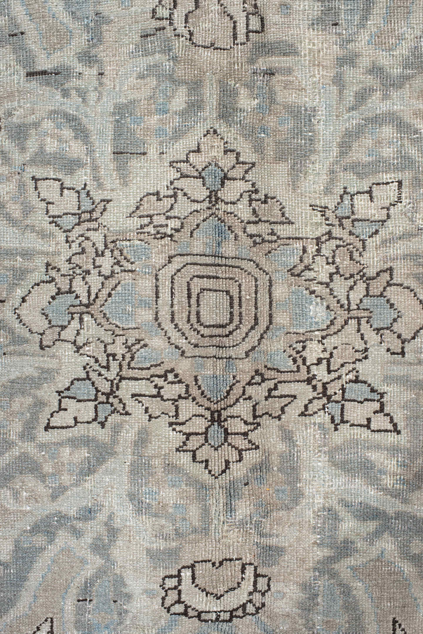 10' x 13' one-of-a-kind handmade antique Heriz large size rug. Color palette: ivory, pale blue, taupe, beige, charcoal