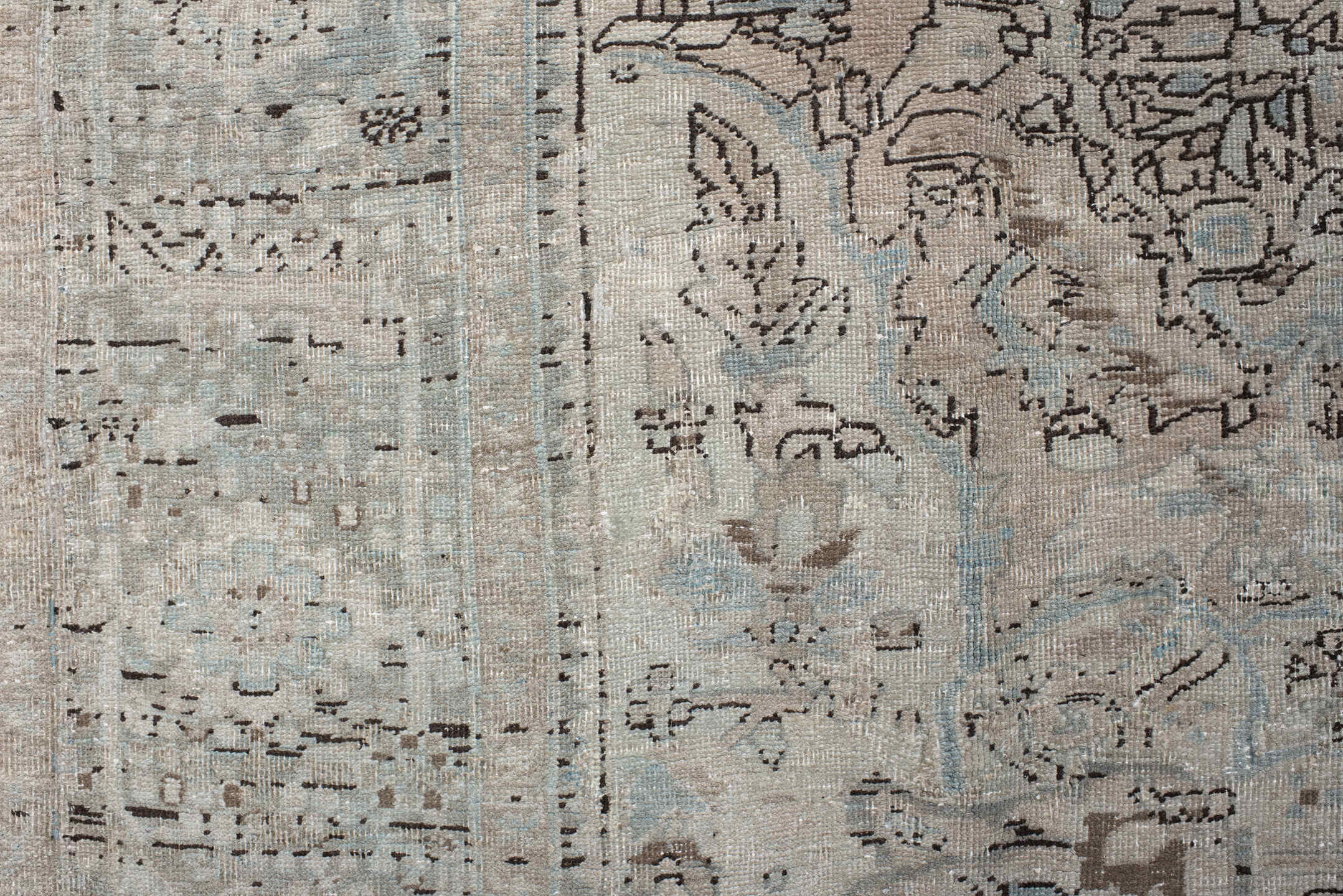 10' x 13' one-of-a-kind handmade antique Heriz large size rug. Color palette: ivory, pale blue, taupe, beige, charcoal