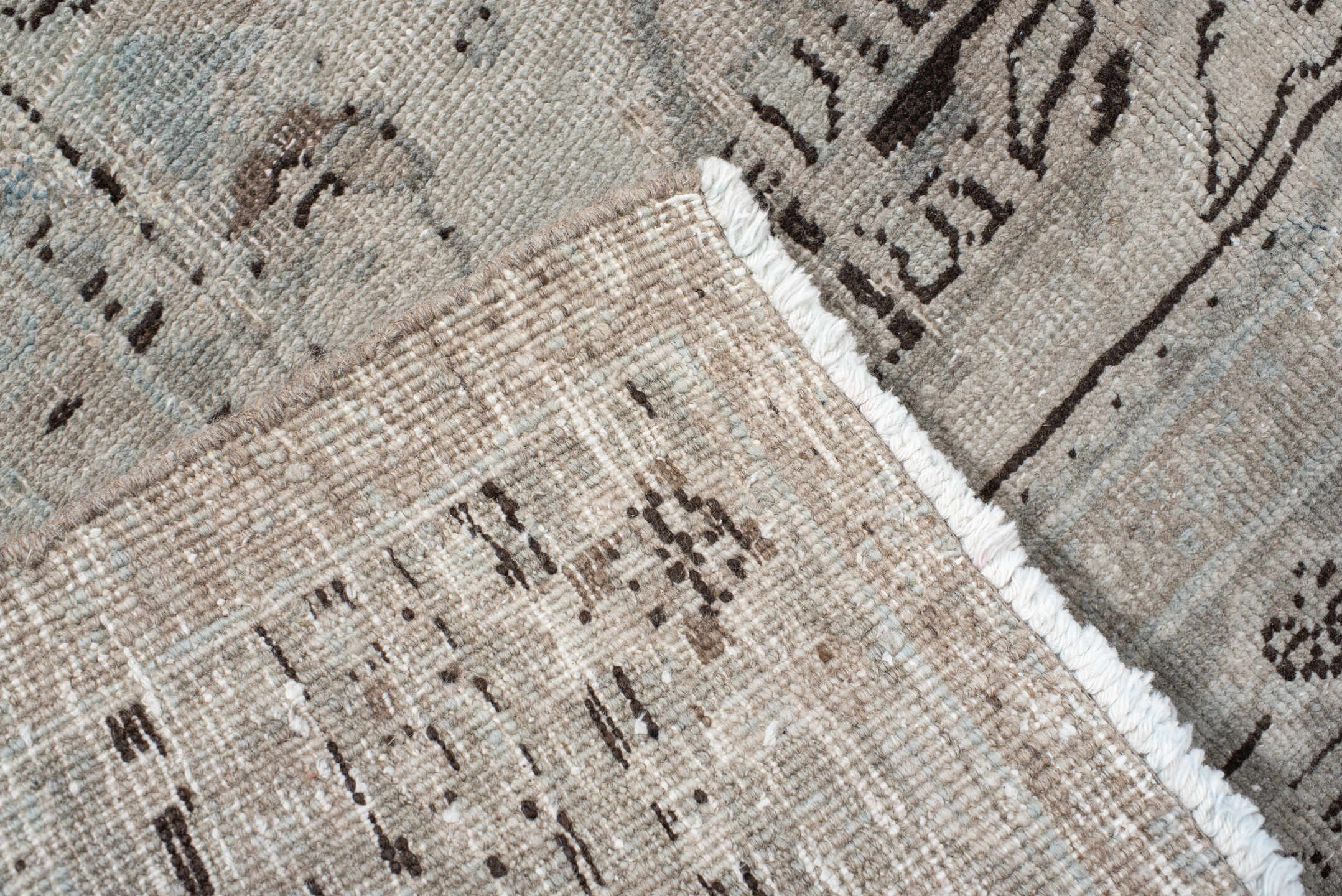 10' x 13' one-of-a-kind handmade antique Heriz large size rug. Color palette: ivory, pale blue, taupe, beige, charcoal