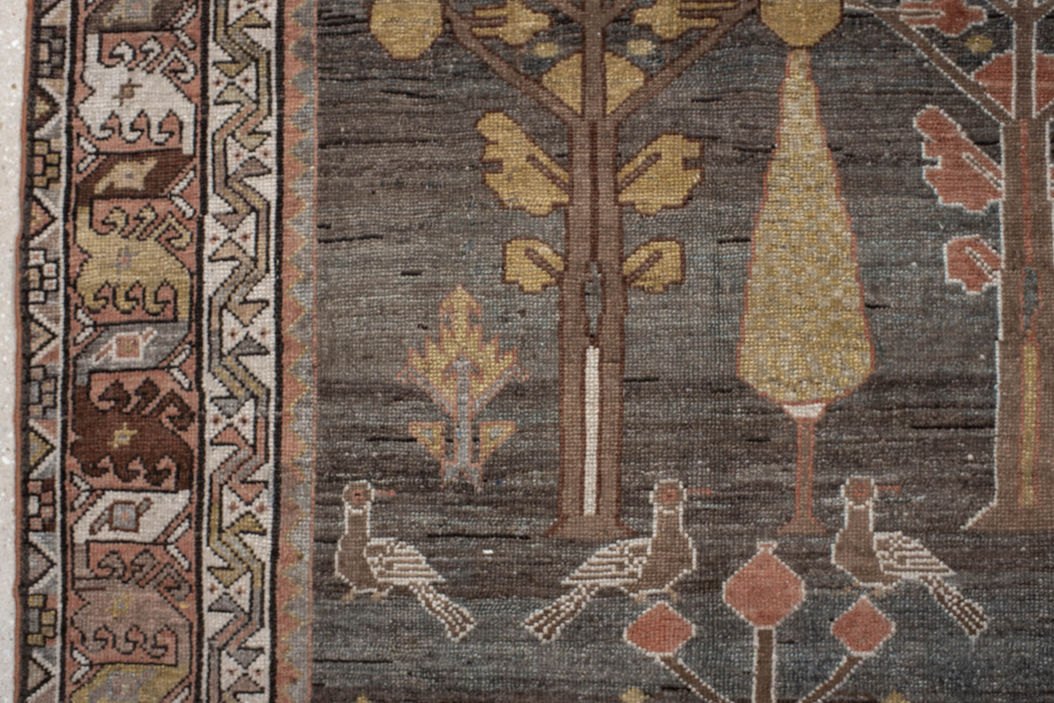 6' x 12' one-of-a-kind handmade vintage Baktiary large size rug. Color palette: gray, brown, pink, off-white, light gray