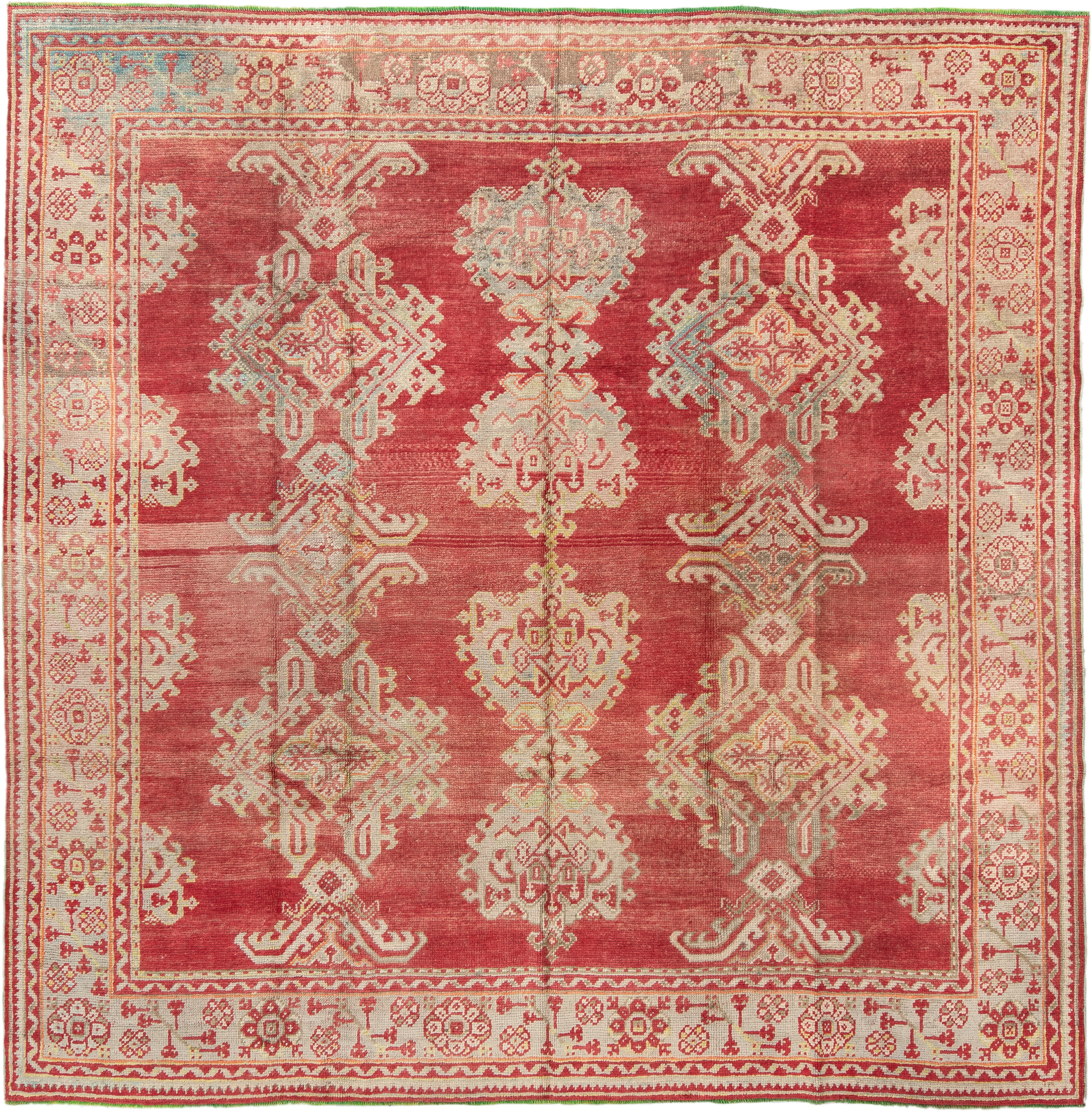 9' x 9' one-of-a-kind handmade antique Oushak rug. Color palette: terra cotta, ivory, rose, salmon, beige, sage, terracotta