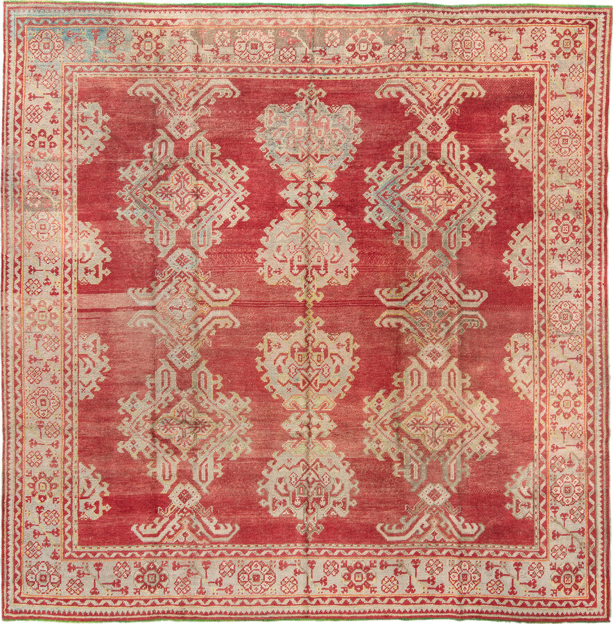9' x 9' one-of-a-kind handmade vintage Oushak rug. Color palette: brown, gray, indian red, off-white, orange, peach puff
