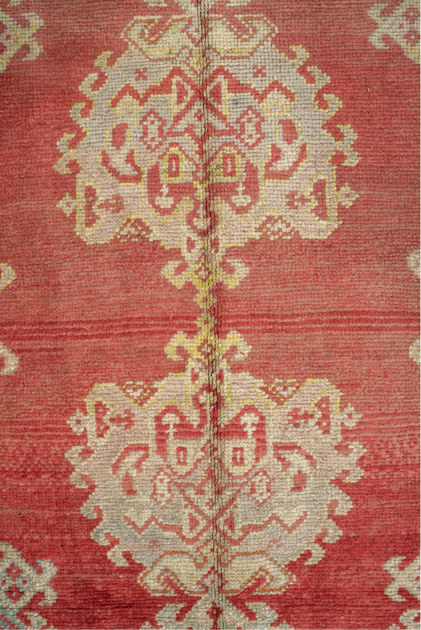 9' x 9' one-of-a-kind handmade vintage Oushak rug. Color palette: brown, gray, indian red, off-white, orange, peach puff