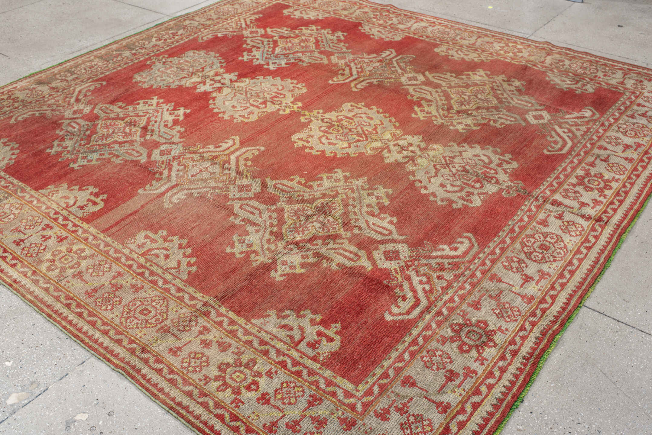 9' x 9' one-of-a-kind handmade antique Oushak rug. Color palette: terra cotta, ivory, rose, salmon, beige, sage, terracotta