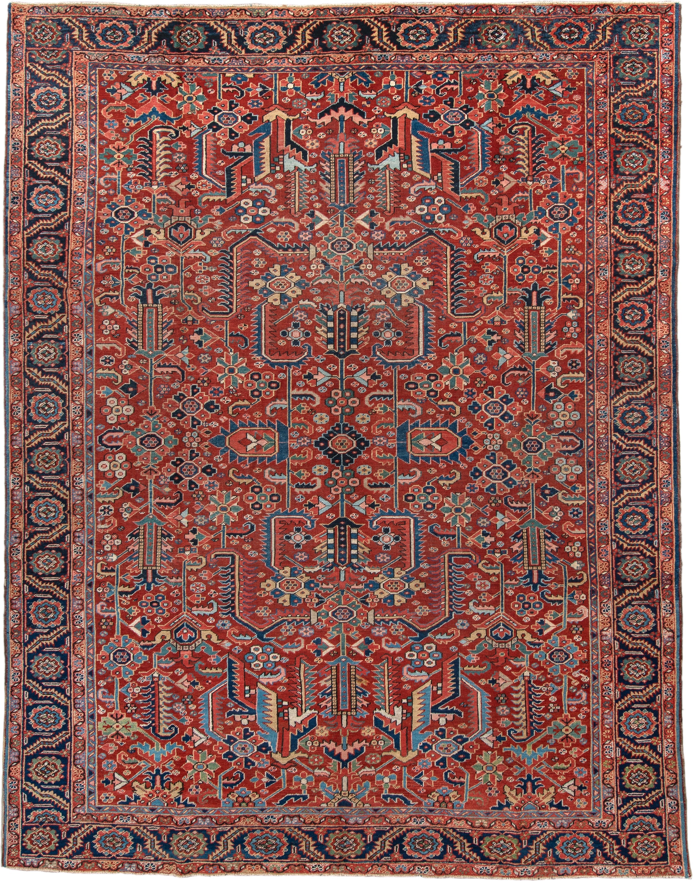 9' x 12' one-of-a-kind handmade antique Heriz large size rug. Color palette: rust, navy, ivory, sky_blue, coral, sage, camel
