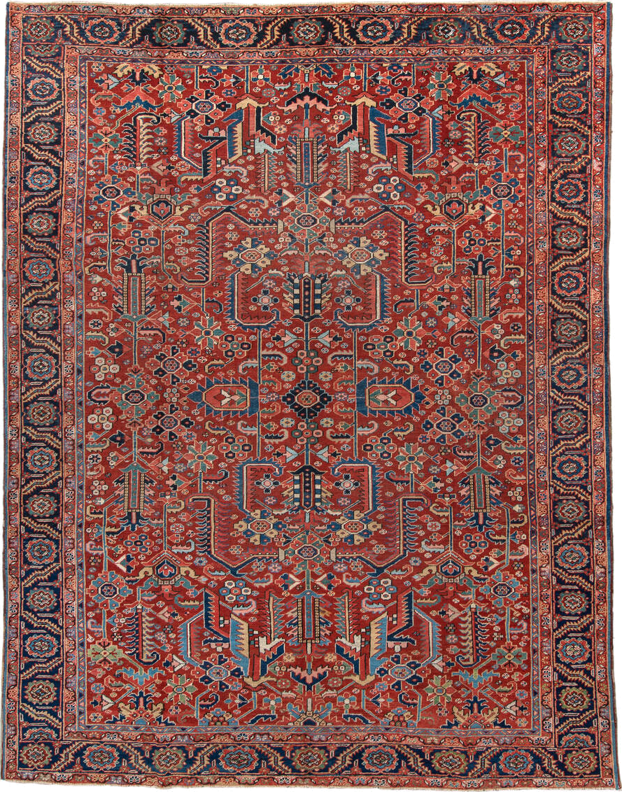 9' x 12' one-of-a-kind handmade antique Heriz large size rug. Color palette: rust, navy, ivory, sky_blue, coral, sage, camel