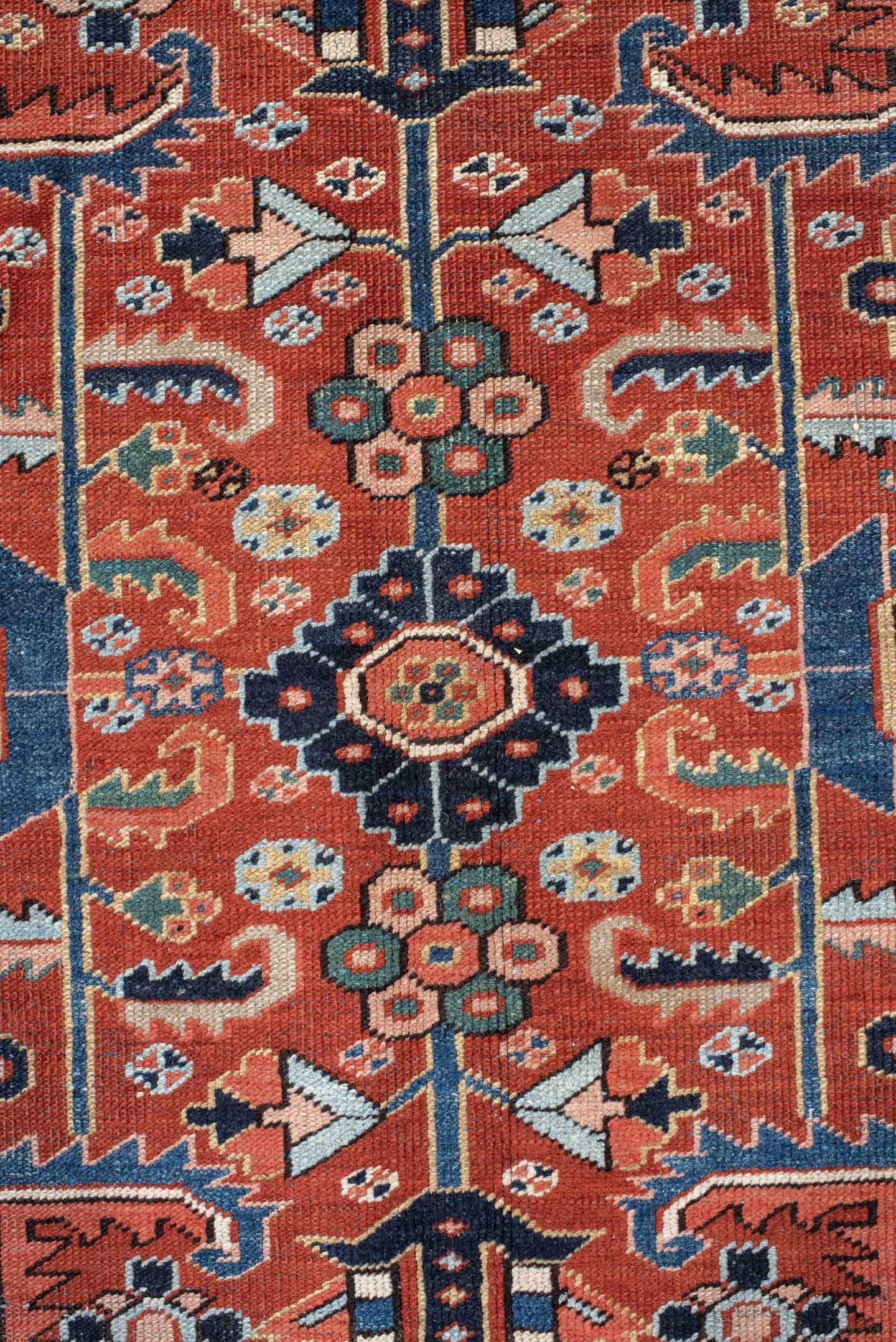 9' x 12' one-of-a-kind handmade antique Heriz large size rug. Color palette: rust, navy, ivory, sky_blue, coral, sage, camel