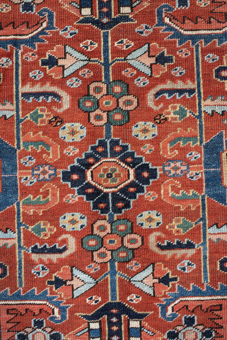 9' x 12' one-of-a-kind handmade antique Heriz large size rug. Color palette: rust, navy, ivory, sky_blue, coral, sage, camel