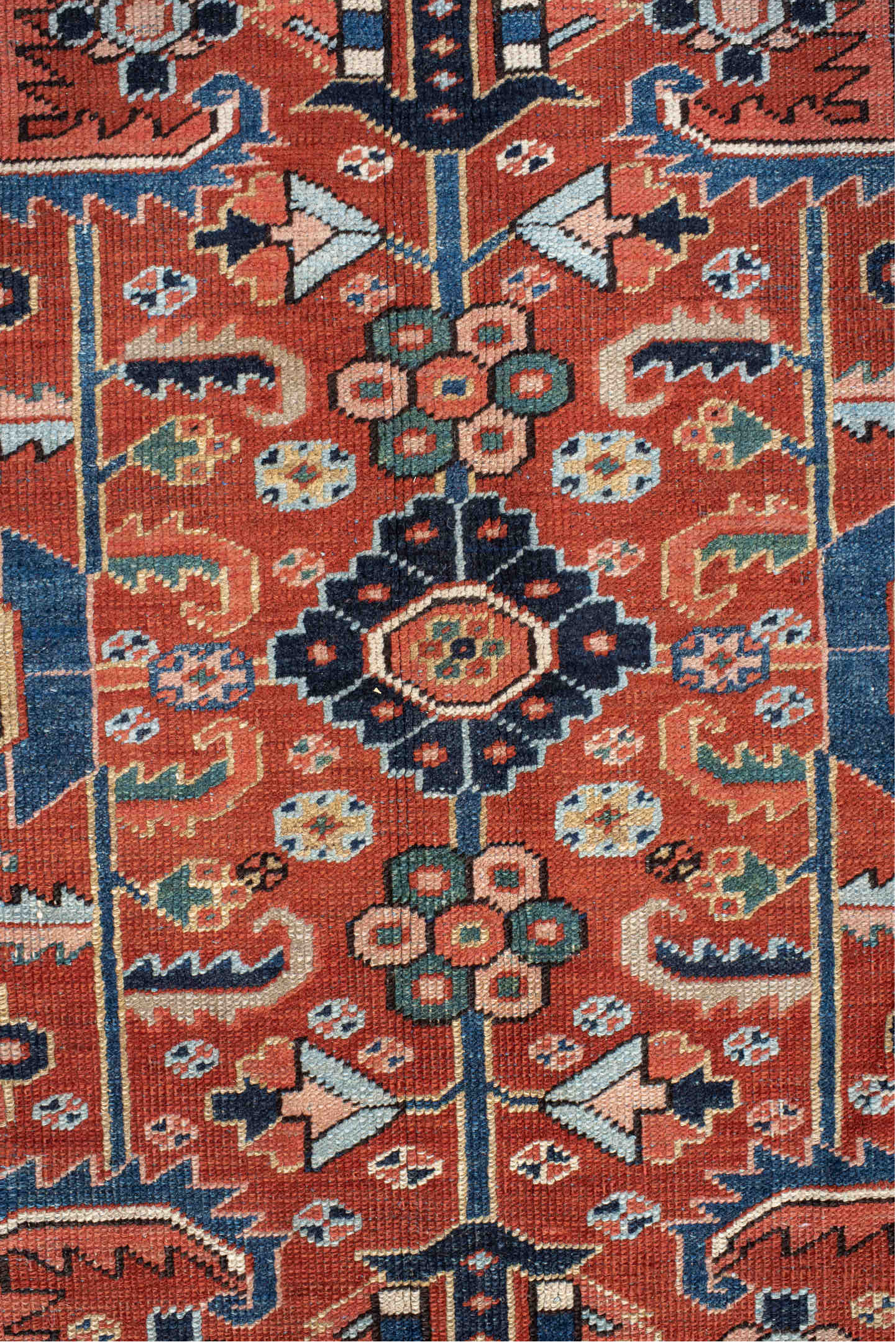 9' x 12' one-of-a-kind handmade antique Heriz large size rug. Color palette: rust, navy, ivory, sky_blue, coral, sage, camel
