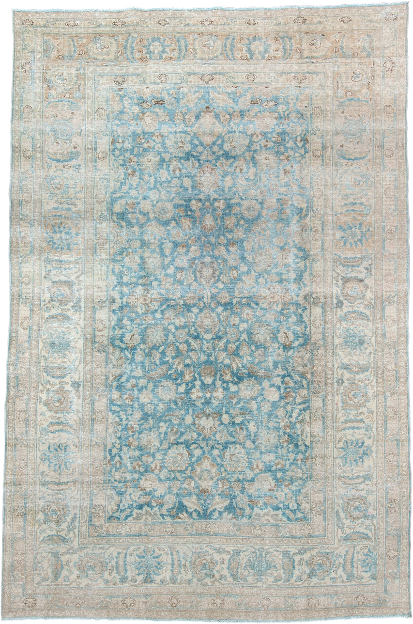 6' x 9' one-of-a-kind handmade antique Tabriz medium size rug. Color palette: ivory, sky blue, beige, taupe, camel