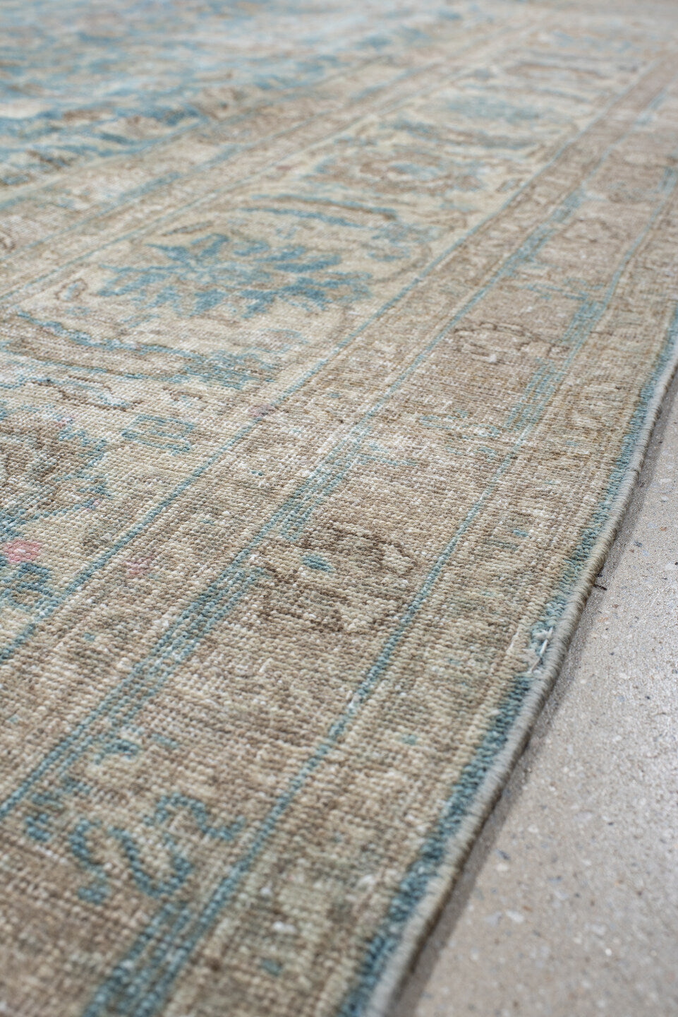 6' x 9' one-of-a-kind handmade antique Tabriz medium size rug. Color palette: ivory, sky blue, beige, taupe, camel