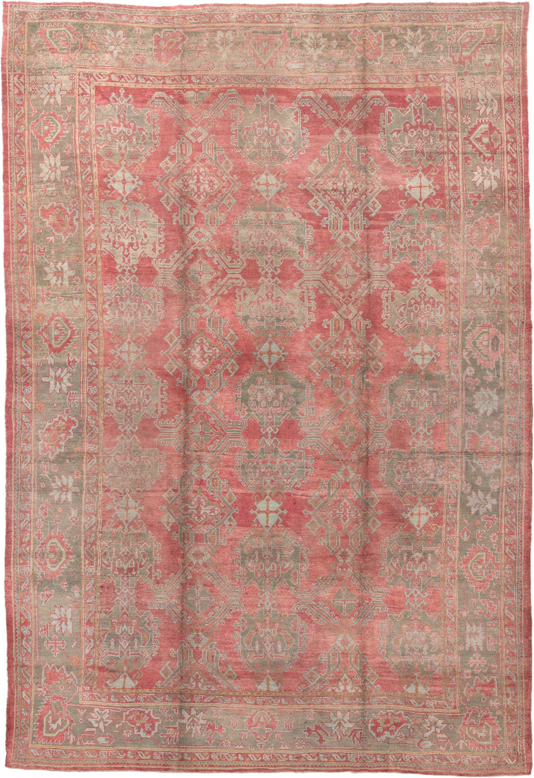 11' x 17' one-of-a-kind handmade vintage Oushak oversize rug. Color palette: coral, taupe, sage, ivory, rose, terracotta