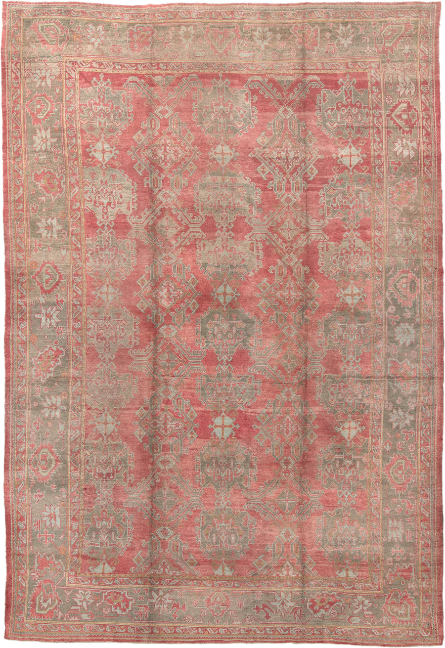 11' x 17' one-of-a-kind handmade vintage Oushak oversize rug. Color palette: coral, taupe, sage, ivory, rose, terracotta