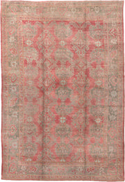 11' x 17' one-of-a-kind handmade vintage Oushak oversize rug. Color palette: coral, taupe, sage, ivory, rose, terracotta