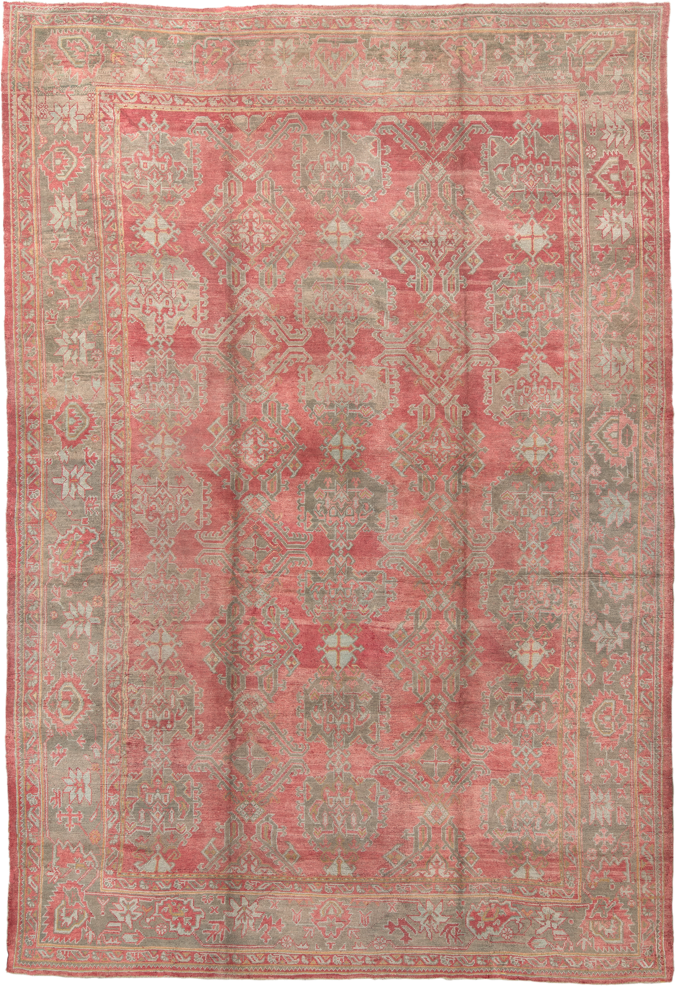 11' x 17' one-of-a-kind handmade vintage Oushak oversize rug. Color palette: coral, taupe, sage, ivory, rose, terracotta