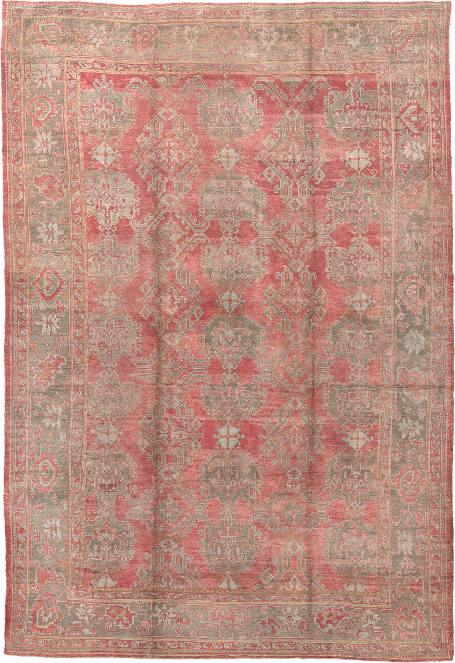 11' x 17' one-of-a-kind handmade vintage Oushak oversize rug. Color palette: brown, gray, light gray, pink, red