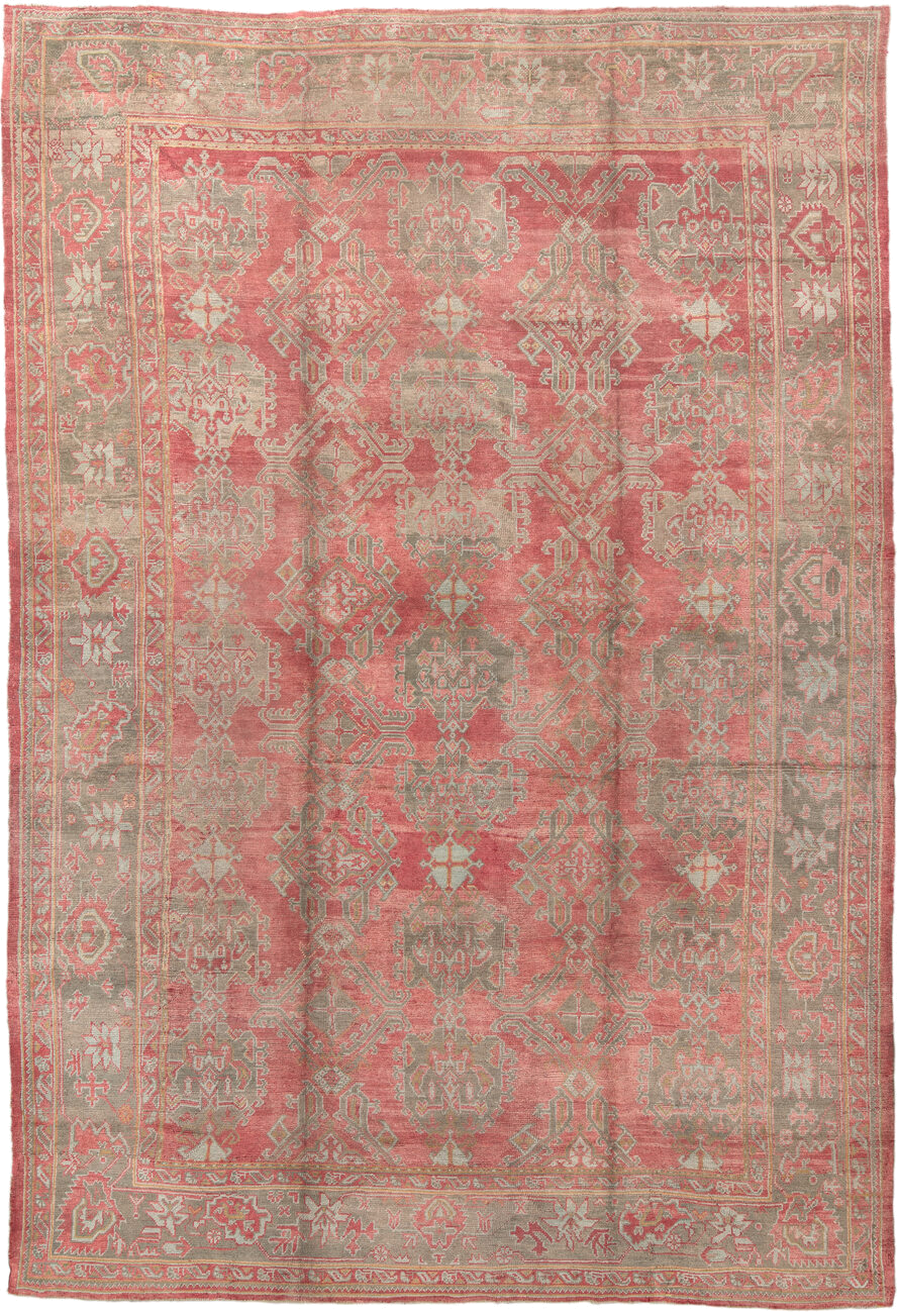 11' x 17' one-of-a-kind handmade vintage Oushak oversize rug. Color palette: coral, taupe, sage, ivory, rose, terracotta