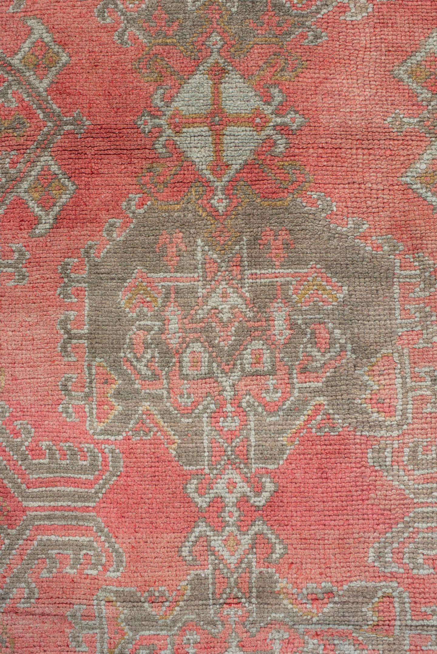 11' x 17' one-of-a-kind handmade vintage Oushak oversize rug. Color palette: coral, taupe, sage, ivory, rose, terracotta