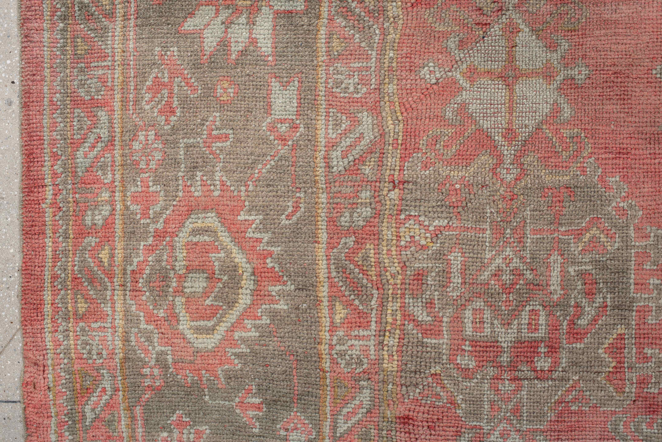 11' x 17' one-of-a-kind handmade vintage Oushak oversize rug. Color palette: coral, taupe, sage, ivory, rose, terracotta