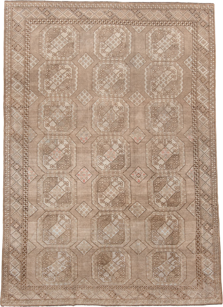 7' x 10' one-of-a-kind handmade antique Afghan large size rug. Color palette: camel, taupe, ivory, beige, blush, brown, gray