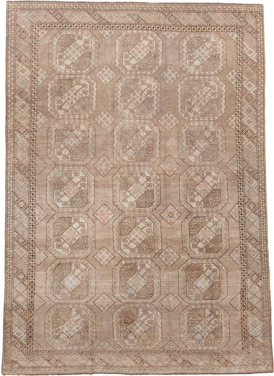 7' x 10' one-of-a-kind handmade antique Afghan large size rug. Color palette: camel, taupe, ivory, beige, blush, brown, gray