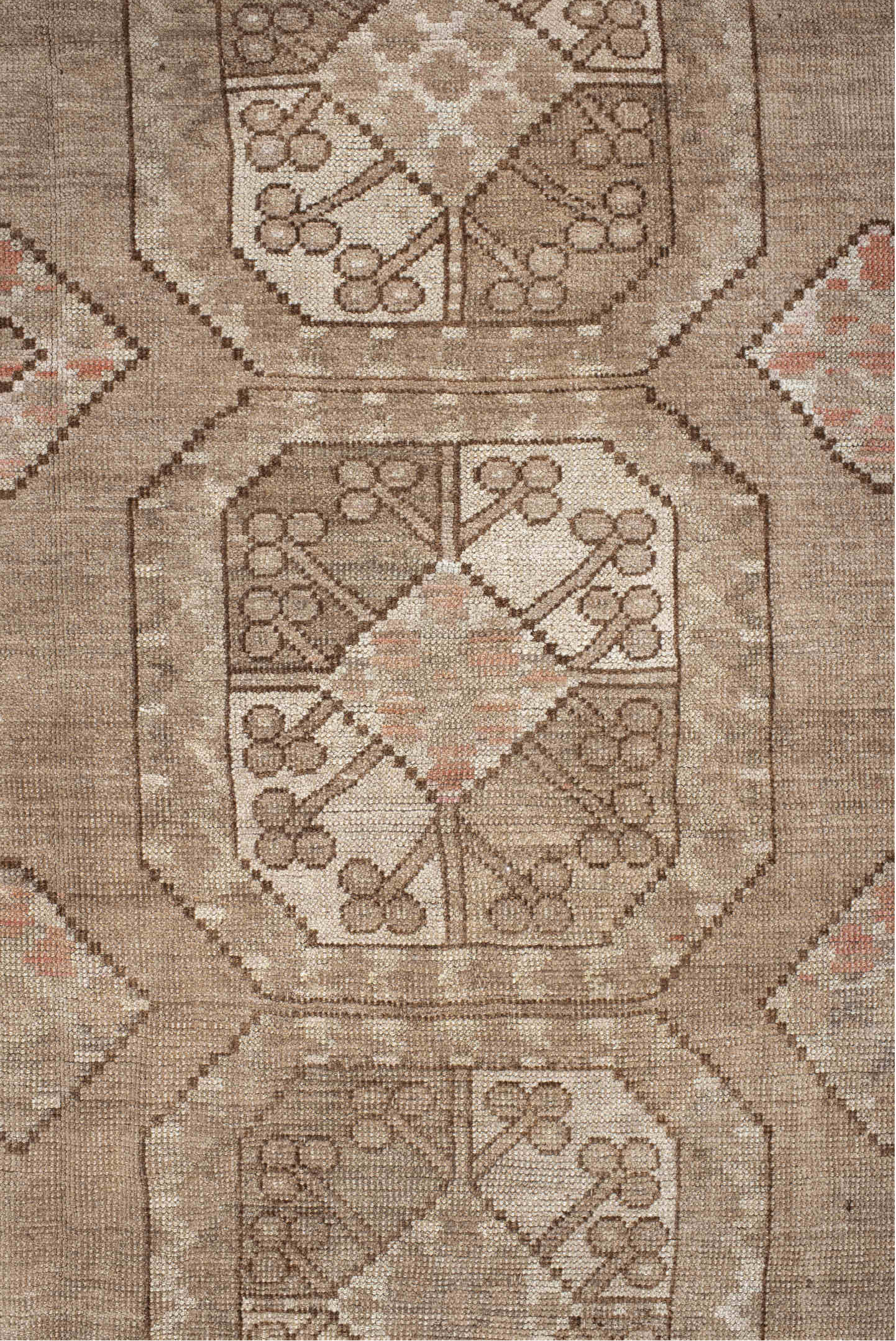 7' x 10' one-of-a-kind handmade vintage Afghan large size rug. Color palette: brown, gray, light gray, off-white, orange