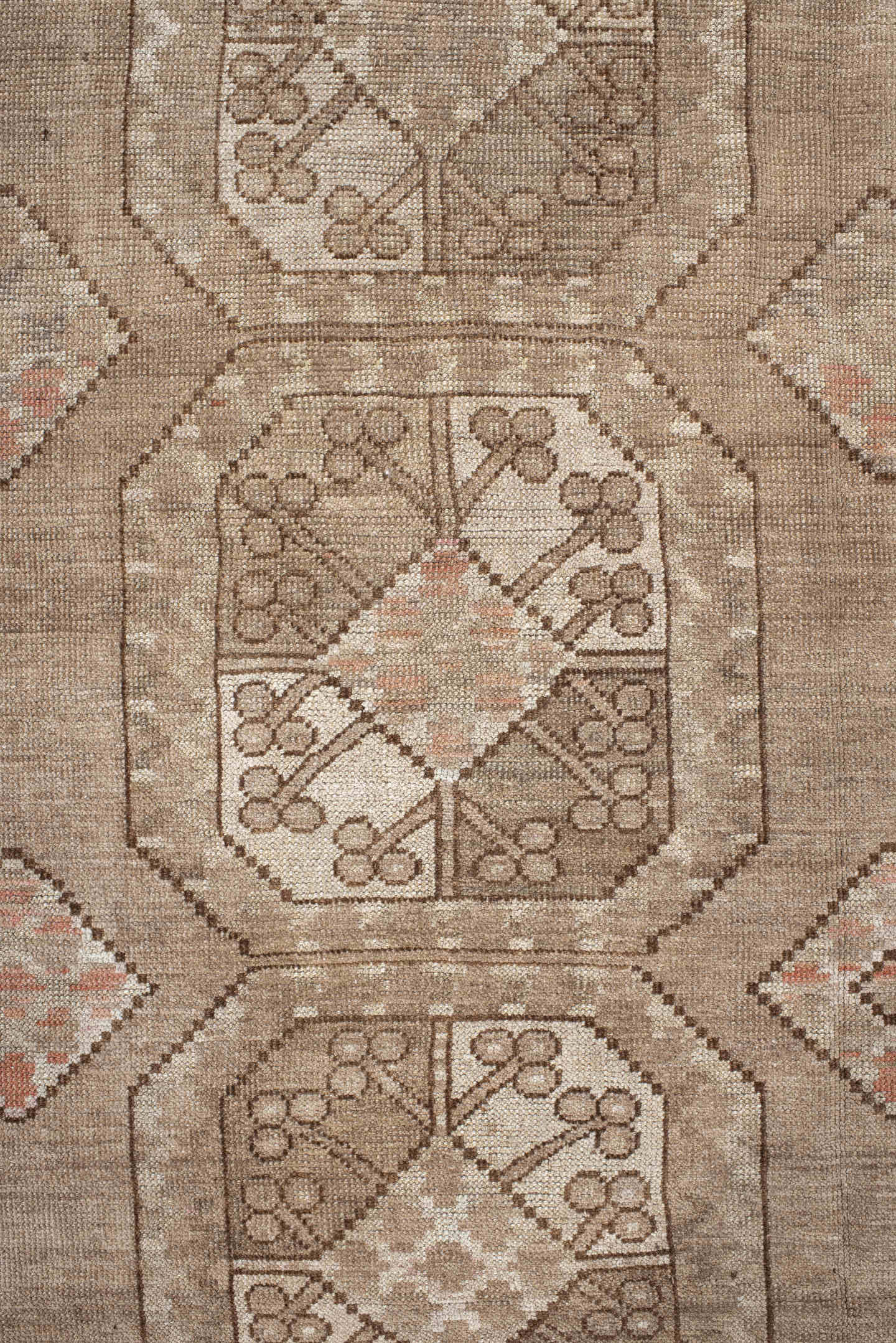 7' x 10' one-of-a-kind handmade antique Afghan large size rug. Color palette: camel, taupe, ivory, beige, blush, brown, gray