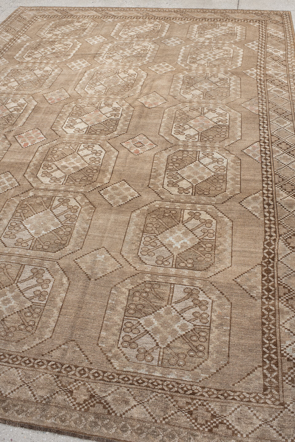 7' x 10' one-of-a-kind handmade antique Afghan large size rug. Color palette: camel, taupe, ivory, beige, blush, brown, gray