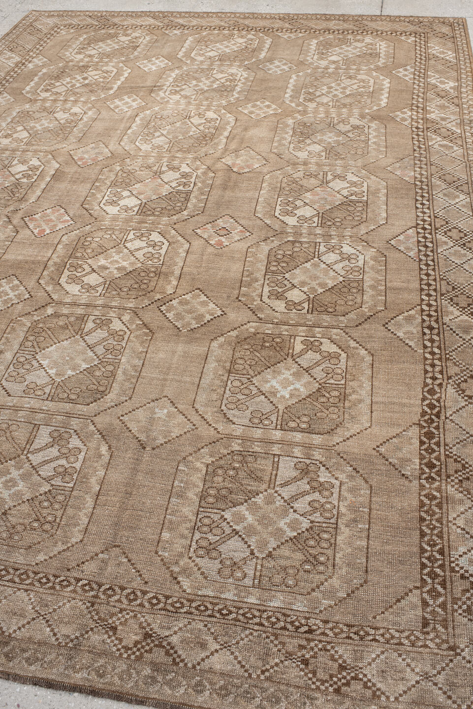 7' x 10' one-of-a-kind handmade antique Afghan large size rug. Color palette: camel, taupe, ivory, beige, blush, brown, gray