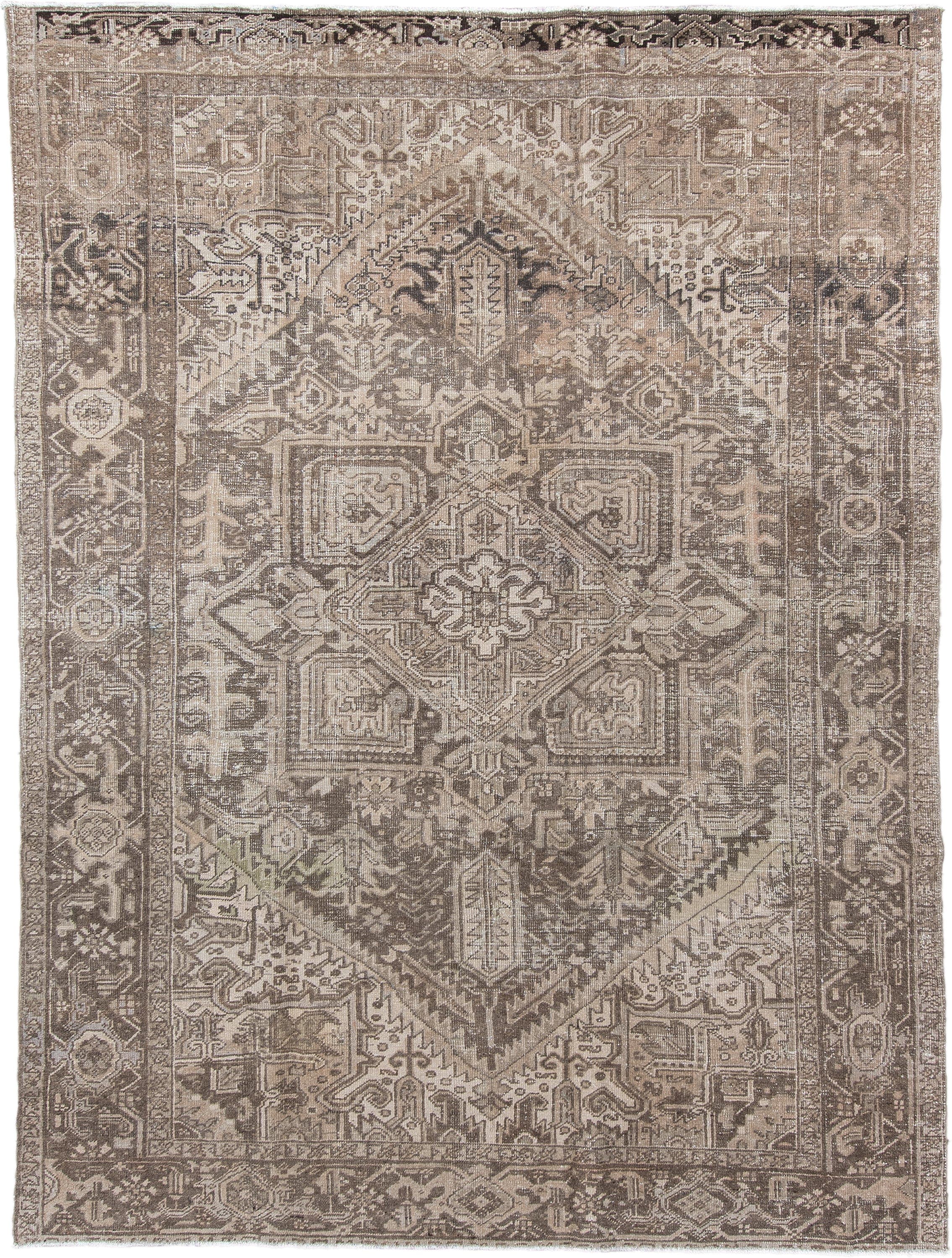 7' x 10' one-of-a-kind handmade antique Heriz large size rug. Color palette: taupe, brown, ivory, charcoal, beige, gray