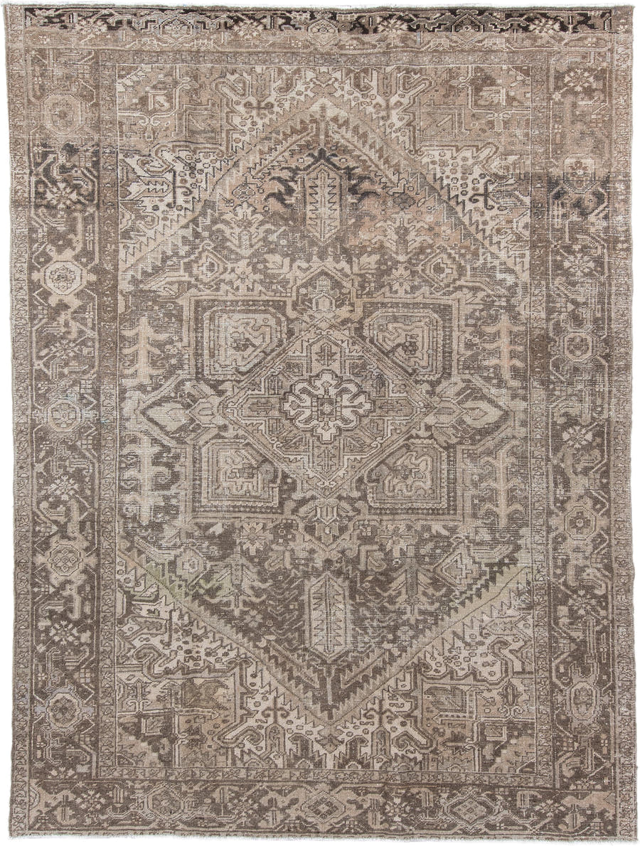 7' x 10' one-of-a-kind handmade antique Heriz large size rug. Color palette: taupe, brown, ivory, charcoal, beige, gray