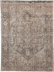 7' x 10' one-of-a-kind handmade antique Heriz large size rug. Color palette: taupe, brown, ivory, charcoal, beige, gray