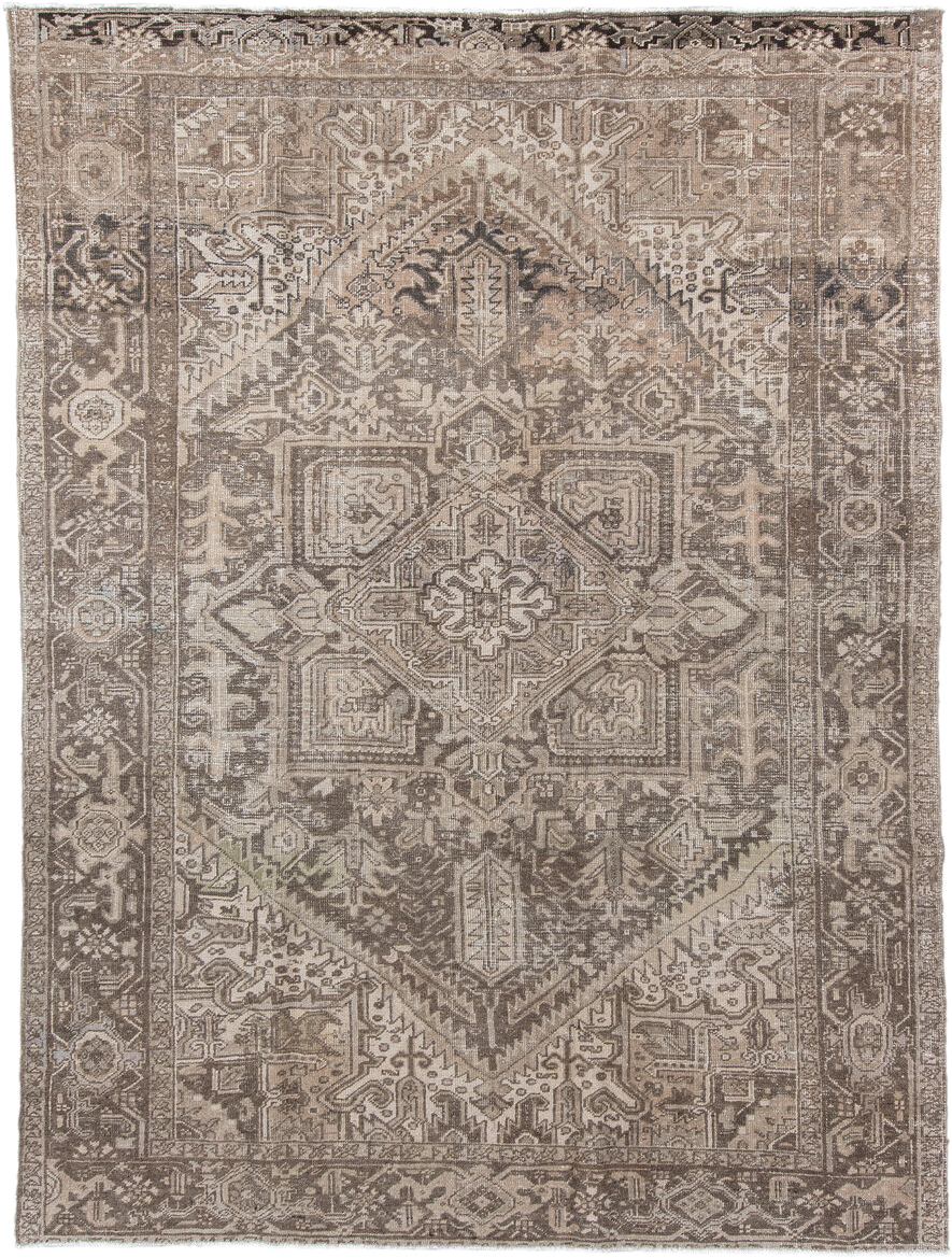 7' x 10' one-of-a-kind handmade antique Heriz large size rug. Color palette: taupe, brown, ivory, charcoal, beige, gray