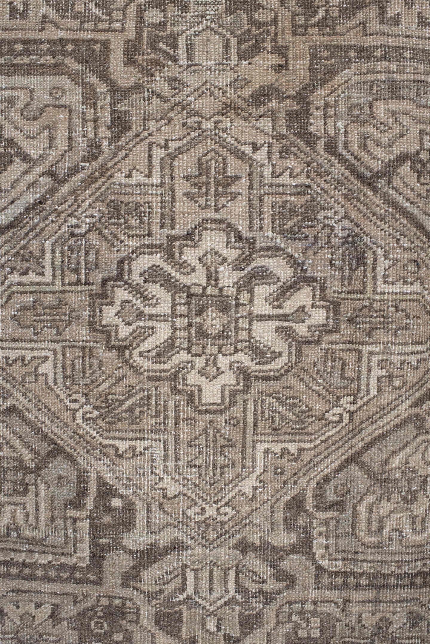 7' x 10' one-of-a-kind handmade antique Heriz large size rug. Color palette: taupe, brown, ivory, charcoal, beige, gray