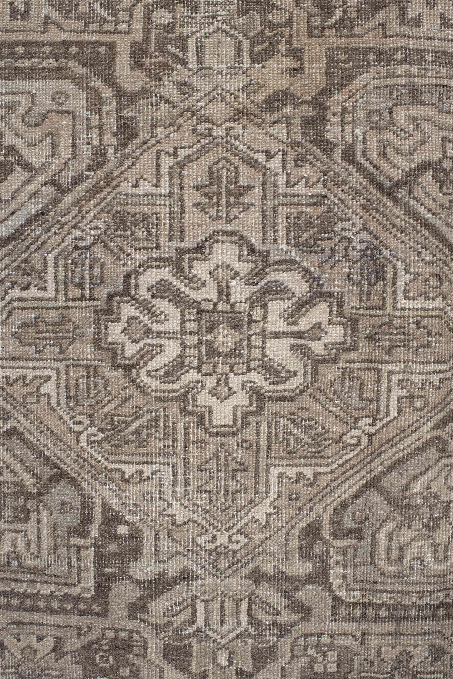7' x 10' one-of-a-kind handmade antique Heriz large size rug. Color palette: taupe, brown, ivory, charcoal, beige, gray